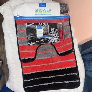 Interiors by Design Esmeralda Black 15pc Shower Curtain & Mat Set Skid Resist